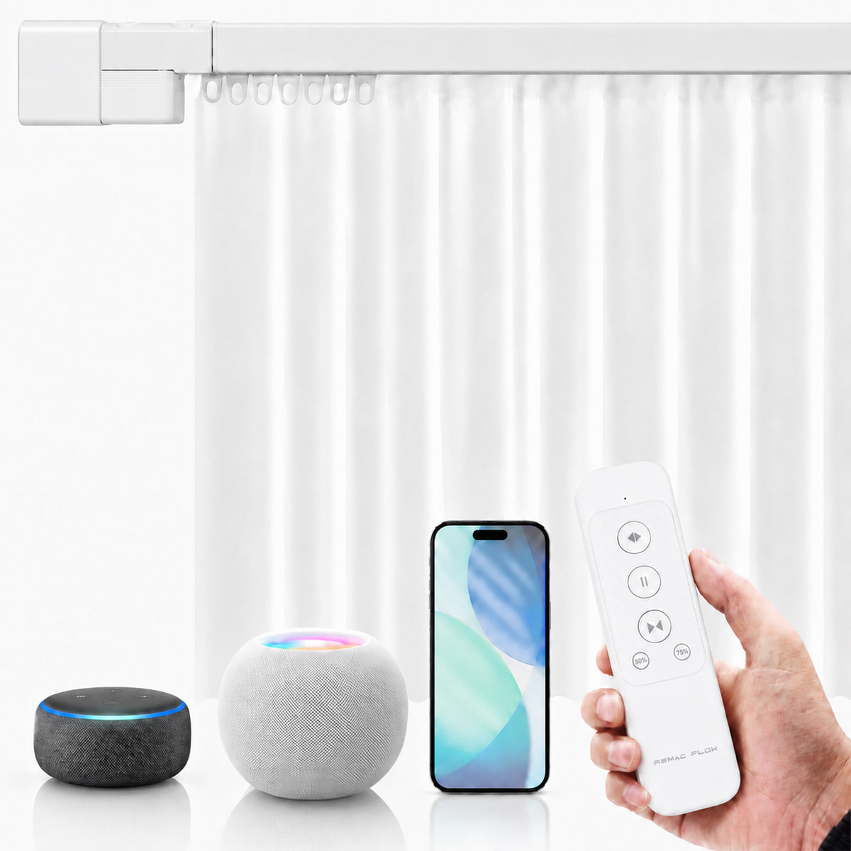 RezeFlow M1. 免切割电动智能窗帘轨道，通过 Apple Home 认证，兼容 HomeKit、Alexa 和 Google Siri，可吸顶/壁挂安装